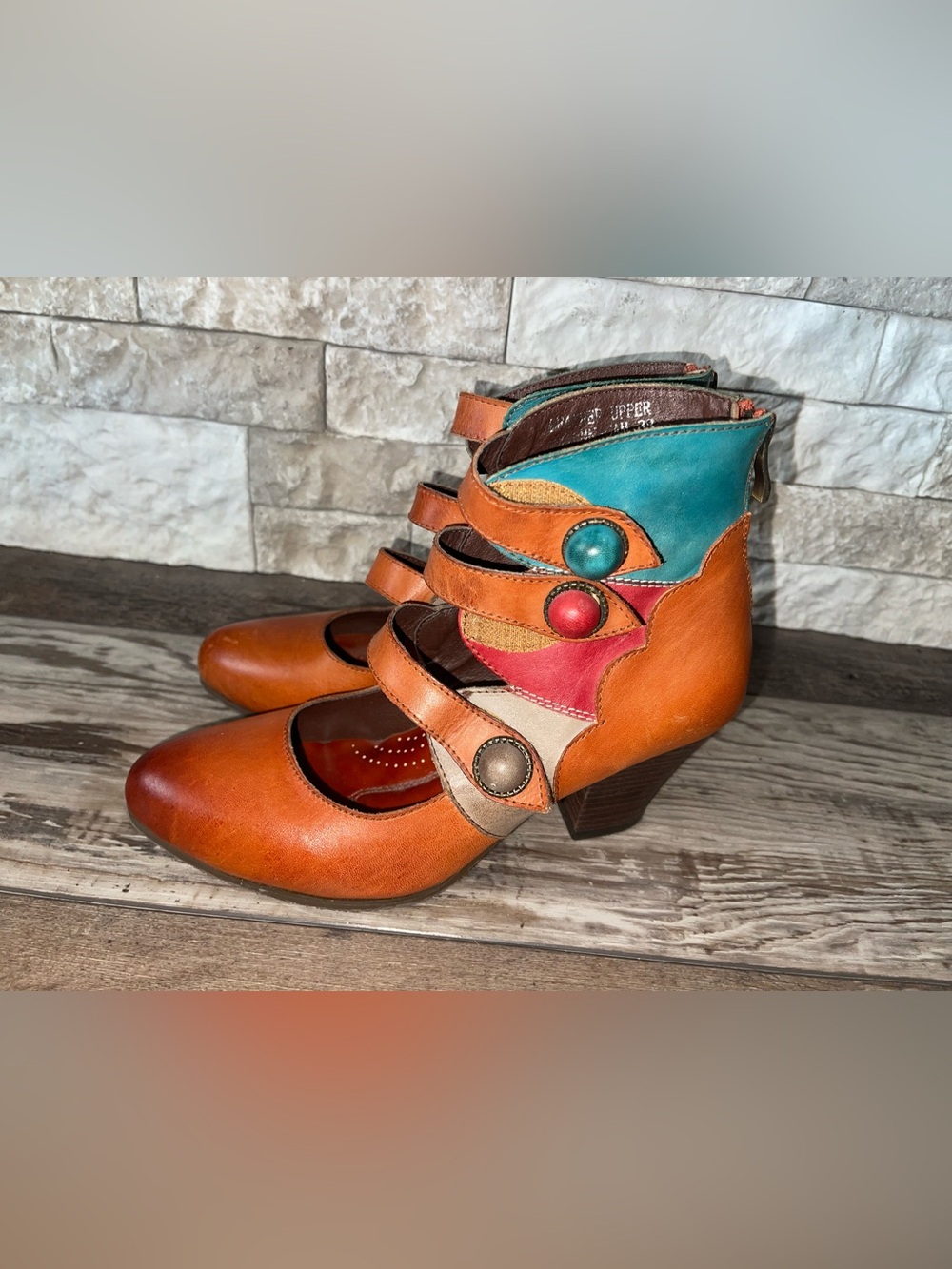 L'ARTISTE Spring Step strap booties 38 autumn camel patchwork leather heel red